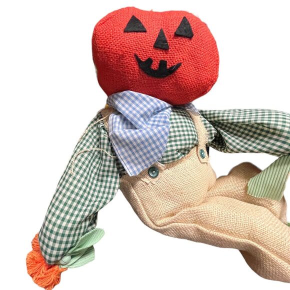 Folk Art Pumpkin Doll Jack O’Lantern Handmade Burlap Wire Gingham Primitive - Picture 3 of 14